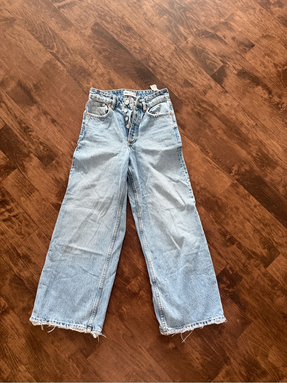 ZARA High Waisted Flare Cropped Distressed Jeans